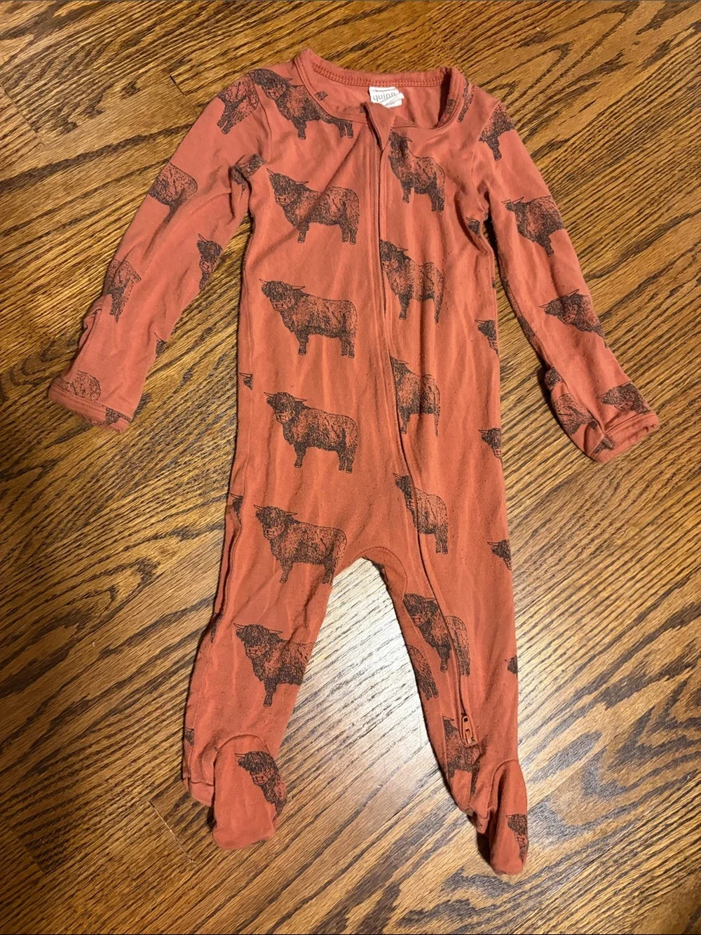 kate quinn Rust Orange Footed One-Piece with Black Highland Cow Print